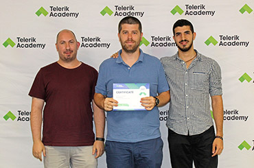 Dimitar with his trainers during Telerik Academy Alpha graduation