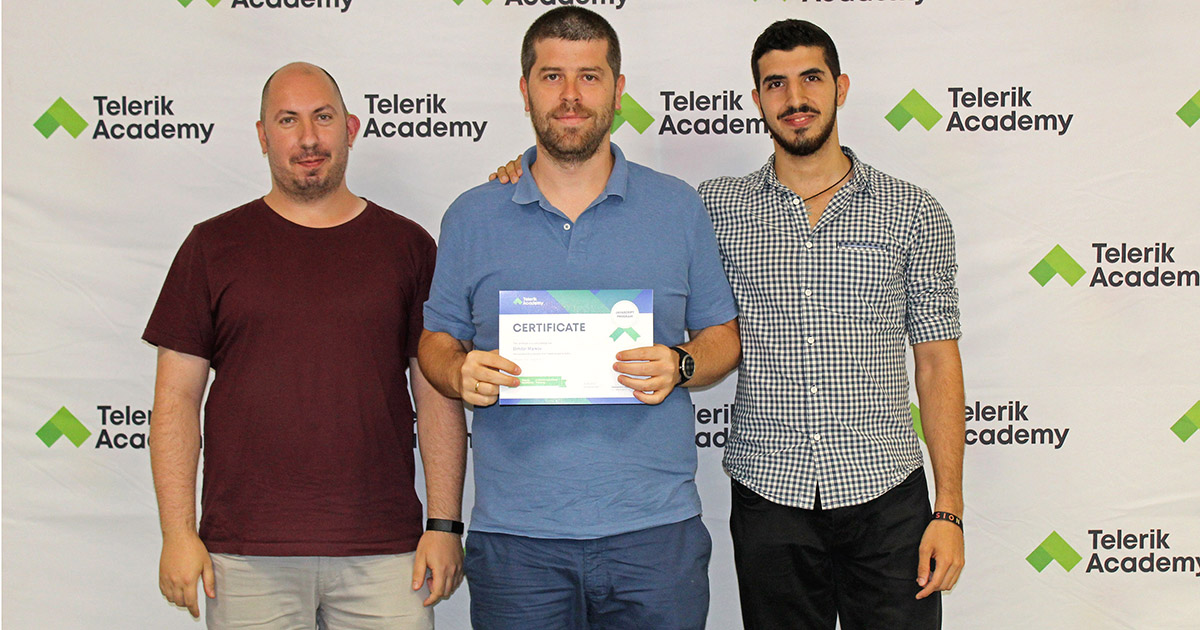 Dimitar with his trainers during Telerik Academy Alpha graduation